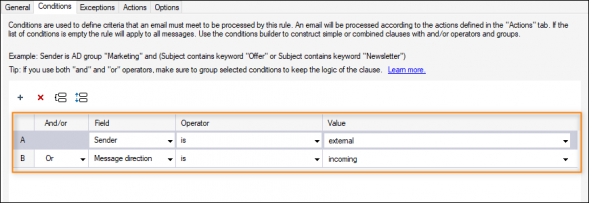 Configuring the conditions so that the rule is triggered for all incoming messages sent from outside the organization.