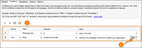 Adding and configuring conditions for the rule.