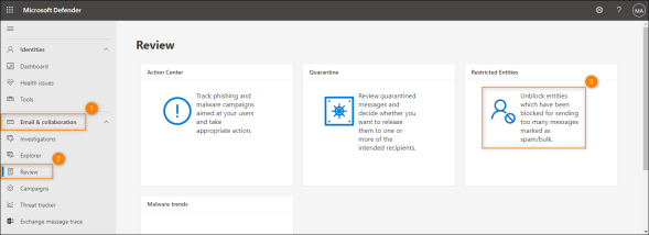 Accessing the list of blocked users in the Microsoft Defender XDR portal.
