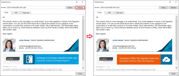 Previewing a signature with a dynamic image in the editor.
