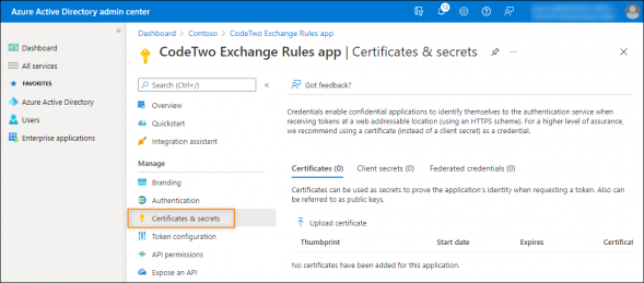 Accessing the Certificates & secrets page.