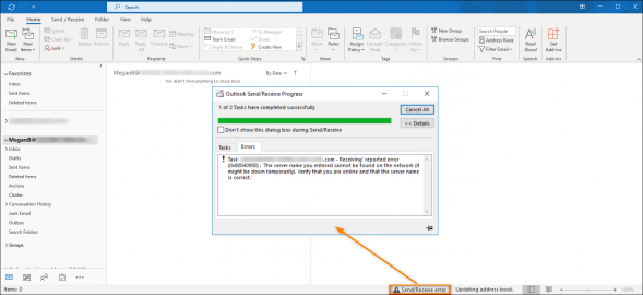 The Outlook error related to the Receiving task.