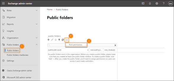 Finding the permissions section for public folders.