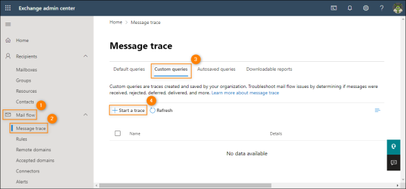 Launching a new message trace configuration pane.