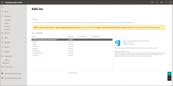 Initial configuration of the CodeTwo Email Signatures for Office 365 Add-in.