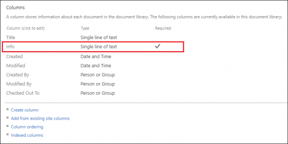 Columns used in a document library.