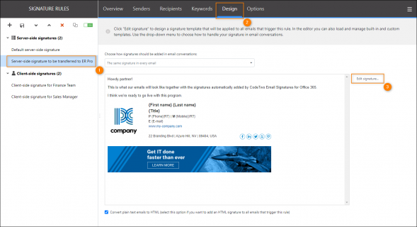 Opening the chosen server-side signature template in CodeTwo Email Signatures for Office 365.