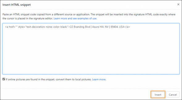 Address data inside a dummy hyperlink in the Insert HTML snippet window.
