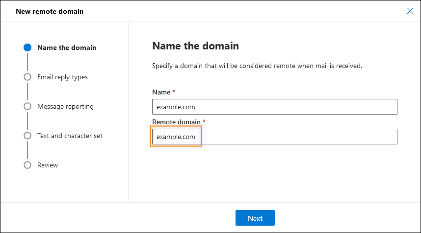 Entering the name of a new remote domain in the Exchange admin center.