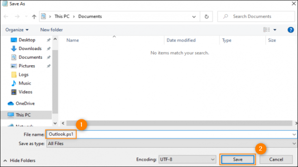 Saving the file with the PowerShell script.