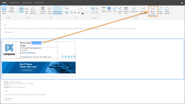 The Remove empty placeholder button in the CodeTwo Email Signatures for Office 365 signature template editor.