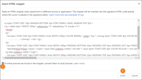 Pasting the code of an HTML signature template.