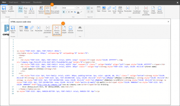 Signature template editor – HTML source code view.