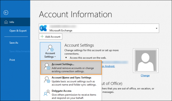 Accessing the account settings in Outlook.