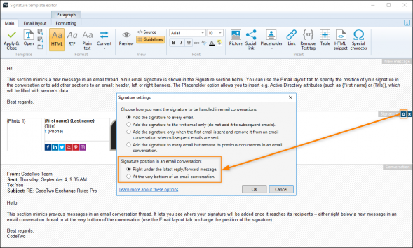 Accessing the Signature settings window in the editor (the CodeTwo Exchange Rules software family).