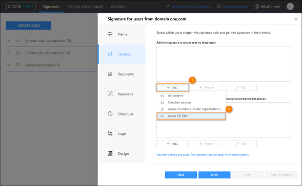 Adding the Azure AD filter in the Senders step.