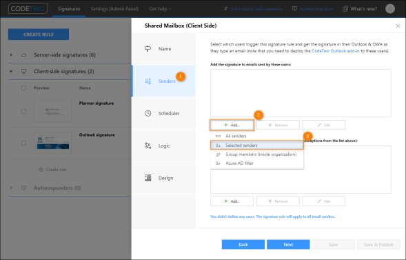 Adding Senders to the Outlook (client-side) signature rule.