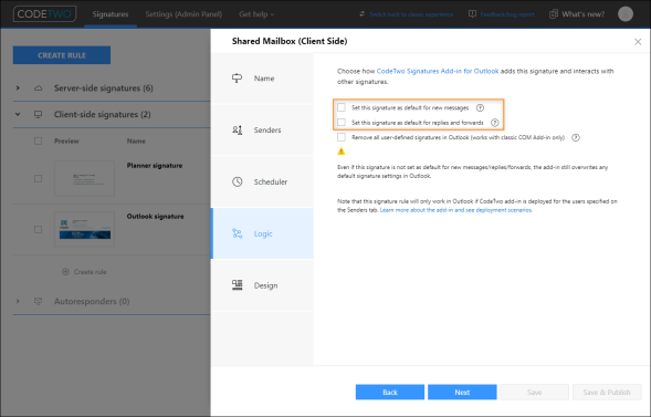 Configuring the options to set the shared mailbox signature as not the default one.