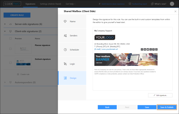 Saving changes to an Outlook (client-side) signature rule.
