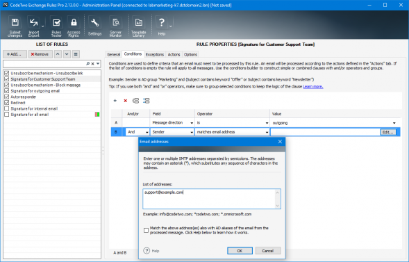 Setting up signature rule’s conditions.