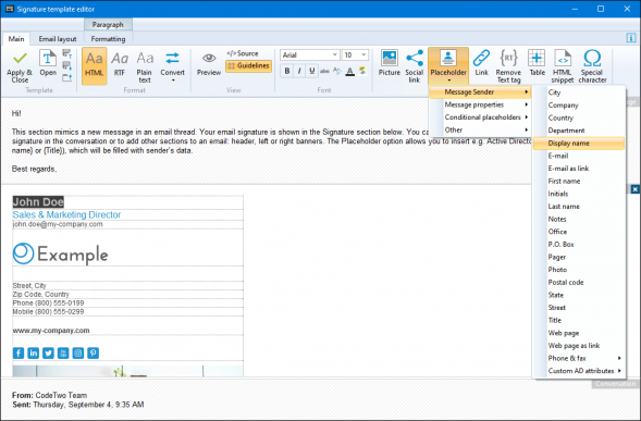 Changing the contact information to AD placeholders.