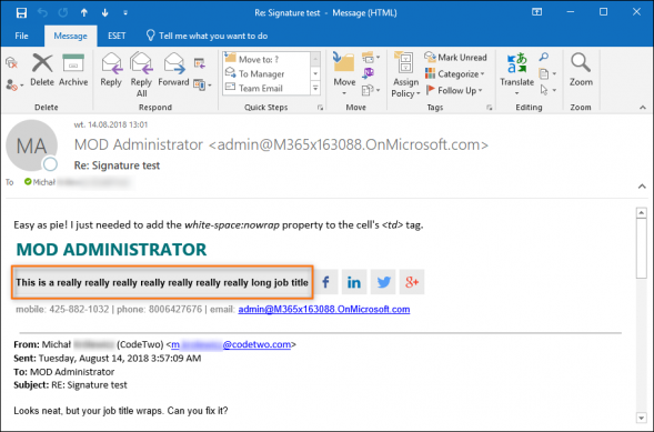 Text does not wrap in an email signature.
