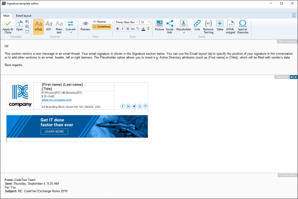 A signature template transferred to CodeTwo Exchange Rules Pro from CodeTwo Email Signatures 365 (see Fig. 2.).