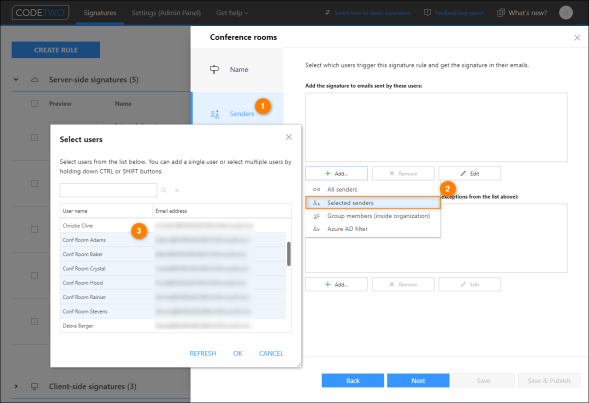 Selecting resource mailboxes as senders in the signature management app.