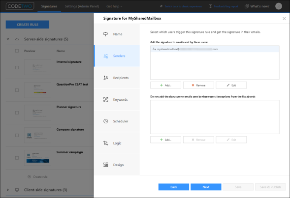 Adding a shared mailbox to the conditions of a signature rule.