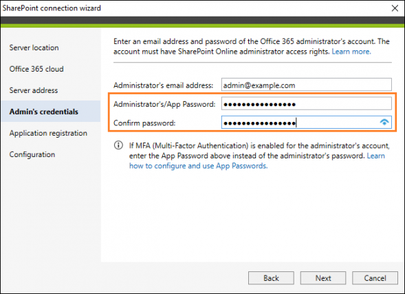 An example of using an app password in CodeTwo Backup when configuring a connection to SharePoint Online.