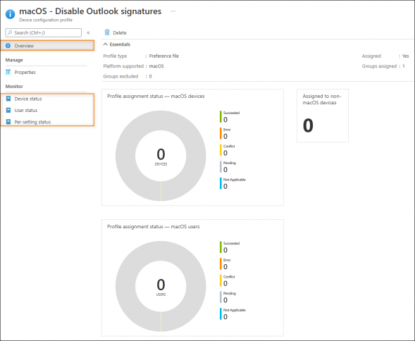 The configuration profile menu allows you to monitor profile assignments.