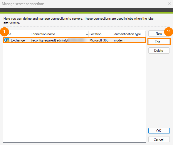 Reconfiguring a server connection in CodeTwo Backup.