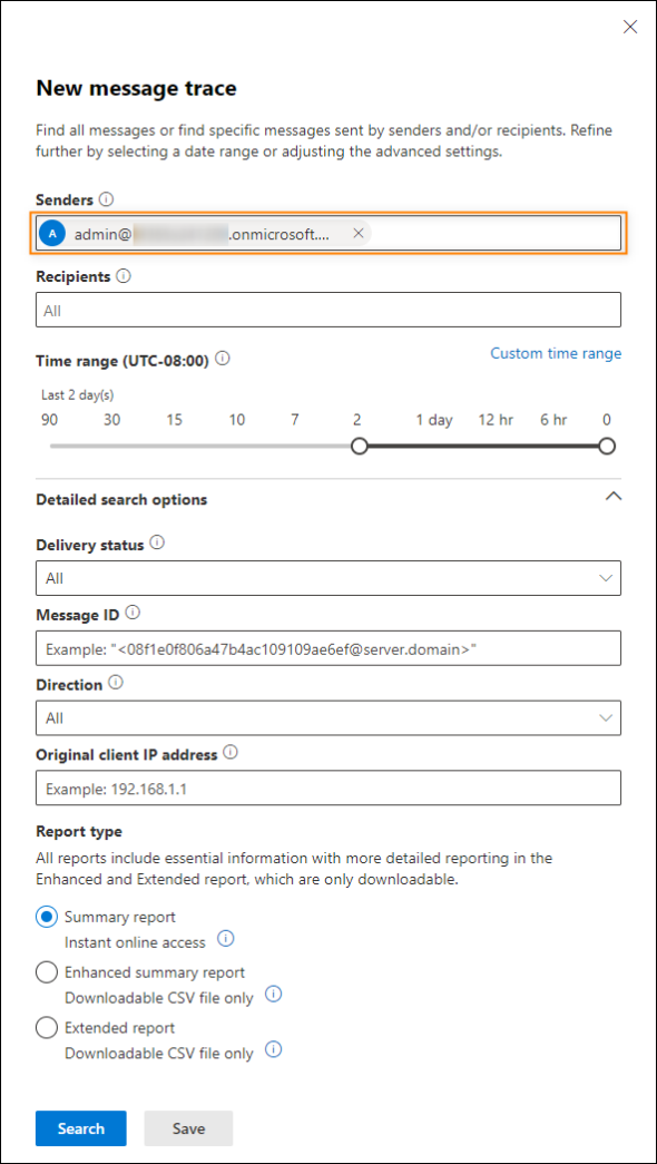 Sender defined for the extended message trace report.