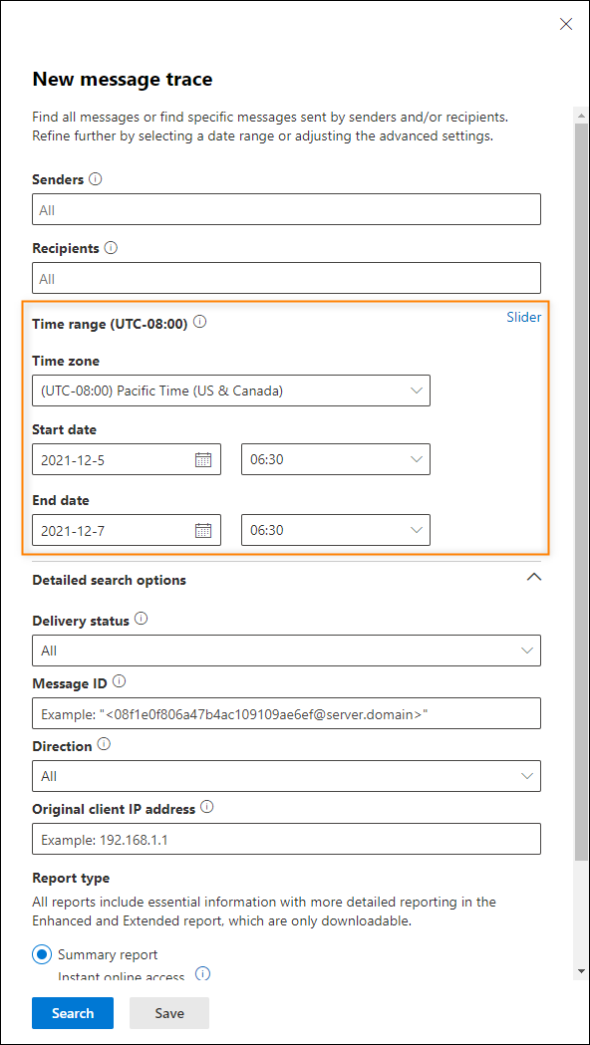 Custom time range controls let you precisely set the period to be covered in your message trace report.