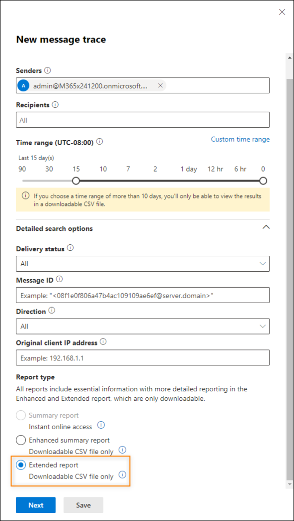 Choosing Extended report as the report type.