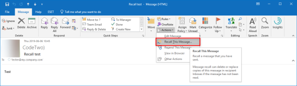 The message recall option available in Outlook for an email in Sent Items.