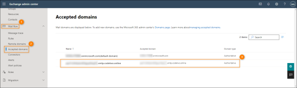 CodeTwo Email Signatures 365 domain displayed on the Accepted domains list.