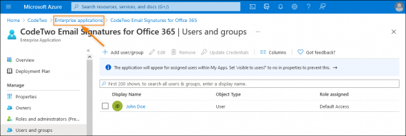 Conveniently go back to the list by clicking the Enterprise applications link.