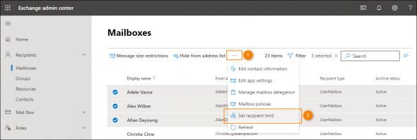 Changing the recipient limit for multiple mailboxes in the Exchange admin center.