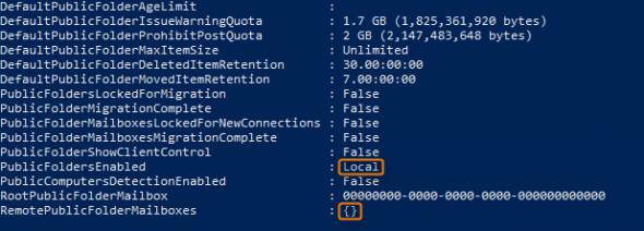 Configuration information showing public folders mode was changed to Local.