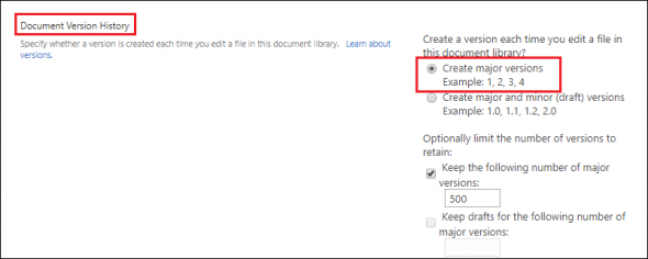 Document version history settings in SharePoint Online.