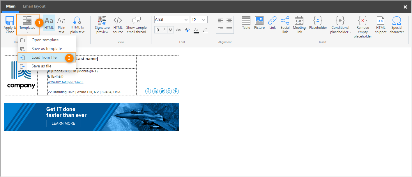 Loading the signature template from a file in the signature template editor.