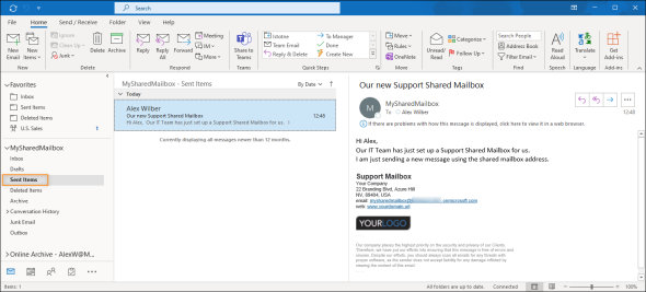 Send as rights: SIU updates emails in the Sent Items of a shared mailbox.