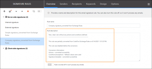 Rule conversion details provided in CodeTwo Email Signatures for Office 365.