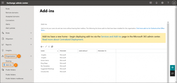 Accessing add-in settings in EAC.