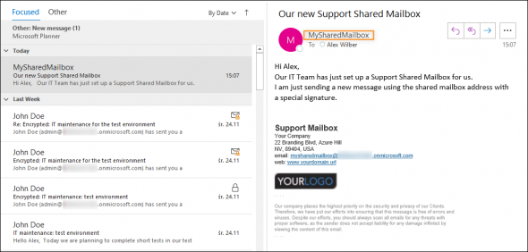A sample email sent as a shared mailbox.