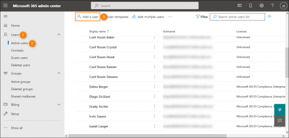 Adding a new user in the Microsoft 365 admin center.