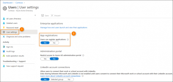 Allowing users to register applications in Azure AD.