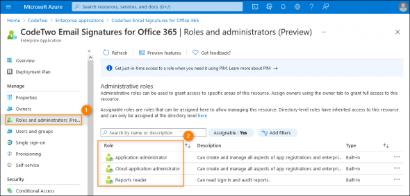 The three mandatory roles to be listed on the Roles and administrators page for all CodeTwo apps.