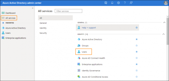 Accessing the user’s list in the Azure Active Directory admin center.